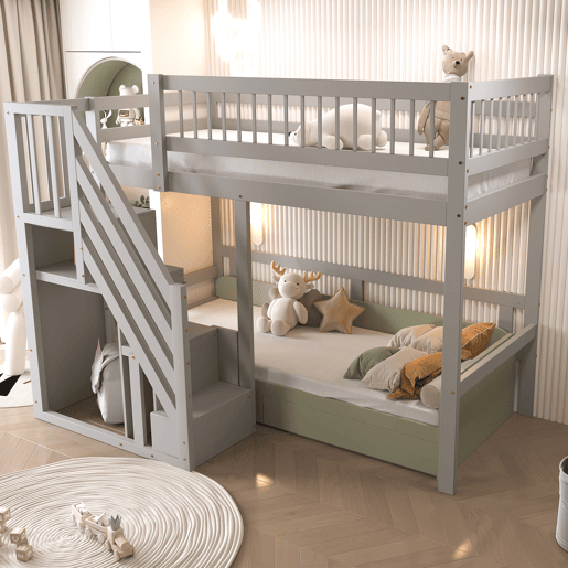 Cama alta em madeira maciça 90x200 - com escada e armário de arrumação, cama individual para crianças e jovens - cinzenta