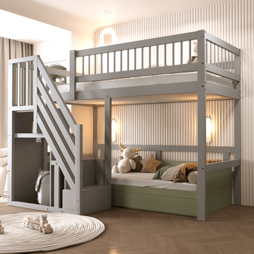 Cama alta em madeira maciça 90x200 - com escada e armário de arrumação, cama individual para crianças e jovens - cinzenta