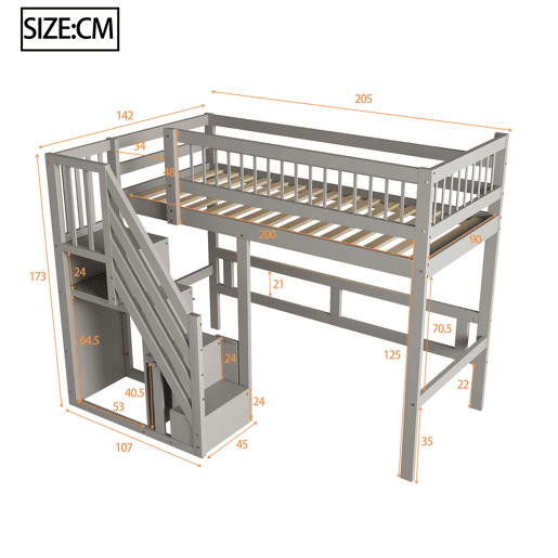 Cama alta em madeira maciça 90x200 - com escada e armário de arrumação, cama individual para crianças e jovens - cinzenta