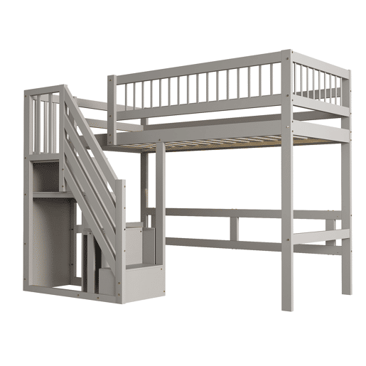 Cama alta em madeira maciça 90x200 - com escada e armário de arrumação, cama individual para crianças e jovens - cinzenta