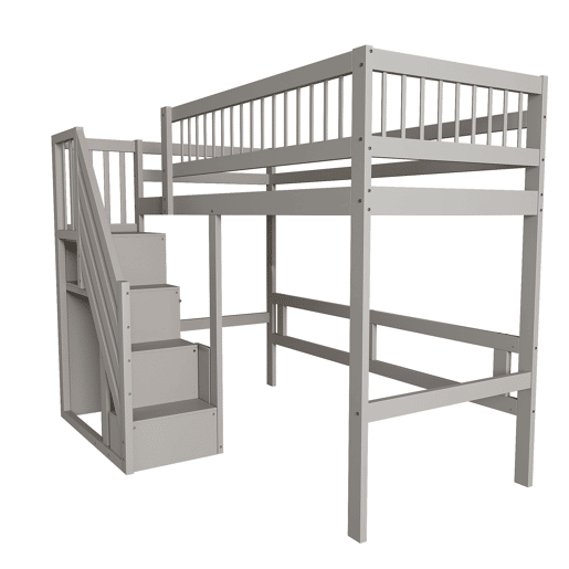 Cama alta em madeira maciça 90x200 - com escada e armário de arrumação, cama individual para crianças e jovens - cinzenta