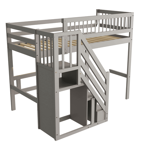 Cama alta em madeira maciça 90x200 - com escada e armário de arrumação, cama individual para crianças e jovens - cinzenta