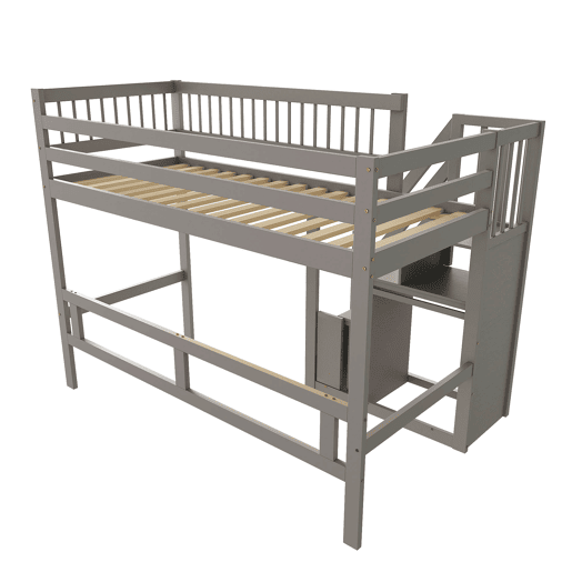 Cama alta em madeira maciça 90x200 - com escada e armário de arrumação, cama individual para crianças e jovens - cinzenta