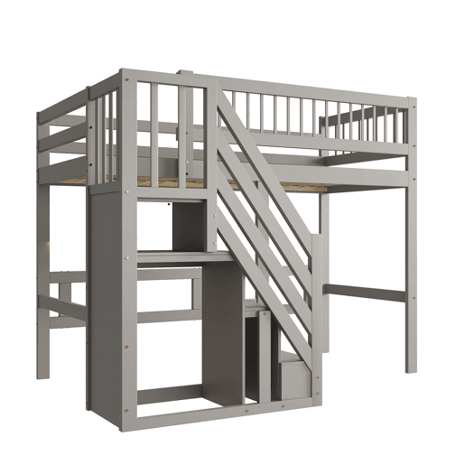 Cama alta em madeira maciça 90x200 - com escada e armário de arrumação, cama individual para crianças e jovens - cinzenta