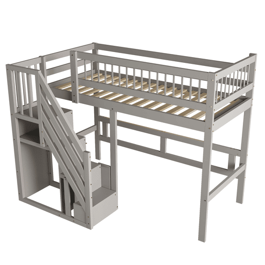 Cama alta em madeira maciça 90x200 - com escada e armário de arrumação, cama individual para crianças e jovens - cinzenta