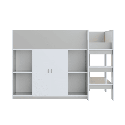 Cama alta multifuncional 90x200 - Com arrumação, armário e prateleiras, cama infantil com escada e construção estável - Cinza Cama alta multifuncional 90x200 - Com arrumação, armário e prateleiras, cama infantil com escada e construção estável - Cinza