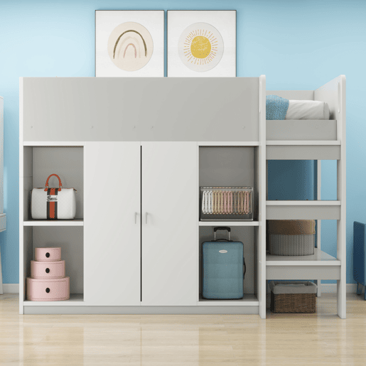 Cama alta multifuncional 90x200 - Com arrumação, armário e prateleiras, cama infantil com escada e construção estável - Cinza Cama alta multifuncional 90x200 - Com arrumação, armário e prateleiras, cama infantil com escada e construção estável - Cinza
