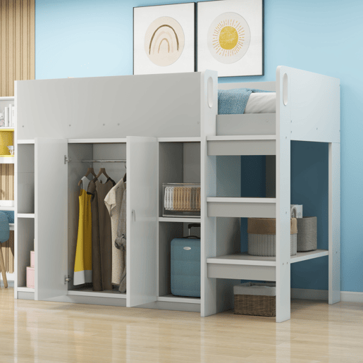 Cama alta multifuncional 90x200 - Com arrumação, armário e prateleiras, cama infantil com escada e construção estável - Cinza Cama alta multifuncional 90x200 - Com arrumação, armário e prateleiras, cama infantil com escada e construção estável - Cinza