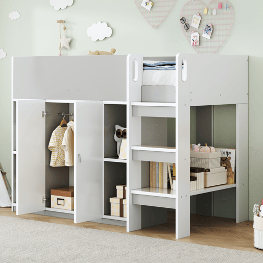 Cama alta multifuncional 90x200 - Com arrumação, armário e prateleiras, cama infantil com escada e construção estável - Cinza Cama alta multifuncional 90x200 - Com arrumação, armário e prateleiras, cama infantil com escada e construção estável - Cinza