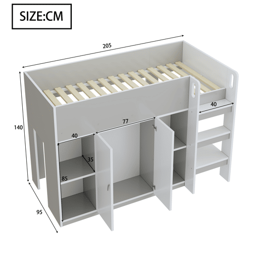 Cama alta multifuncional 90x200 - Com arrumação, armário e prateleiras, cama infantil com escada e construção estável - Cinza Cama alta multifuncional 90x200 - Com arrumação, armário e prateleiras, cama infantil com escada e construção estável - Cinza