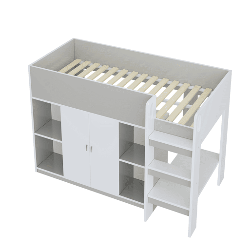 Cama alta multifuncional 90x200 - Com arrumação, armário e prateleiras, cama infantil com escada e construção estável - Cinza Cama alta multifuncional 90x200 - Com arrumação, armário e prateleiras, cama infantil com escada e construção estável - Cinza
