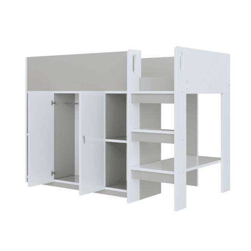 Cama alta multifuncional 90x200 - Com arrumação, armário e prateleiras, cama infantil com escada e construção estável - Cinza Cama alta multifuncional 90x200 - Com arrumação, armário e prateleiras, cama infantil com escada e construção estável - Cinza