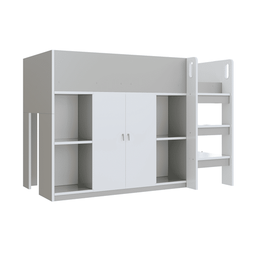 Cama alta multifuncional 90x200 - Com arrumação, armário e prateleiras, cama infantil com escada e construção estável - Cinza Cama alta multifuncional 90x200 - Com arrumação, armário e prateleiras, cama infantil com escada e construção estável - Cinza