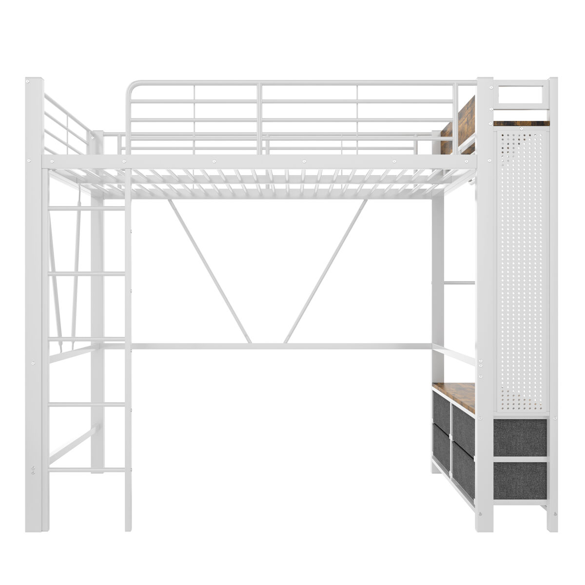 Cama alta 90x200 cm - estructura hierro, barra para secar, estantes, 4 cajones, usb+type-c, led, barandilla, escalera, tablero perforado - blanco