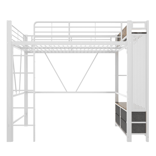 Cama alta 90x200 cm - estrutura em ferro, barra para secar roupa, prateleiras, 4 gavetas, USB+Type-C, LED, grade de proteção, escada, painel perfurado - branco