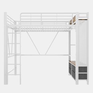 Cama alta 90x200 cm - estrutura em ferro, barra para secar roupa, prateleiras, 4 gavetas, USB+Type-C, LED, grade de proteção, escada, painel perfurado - branco