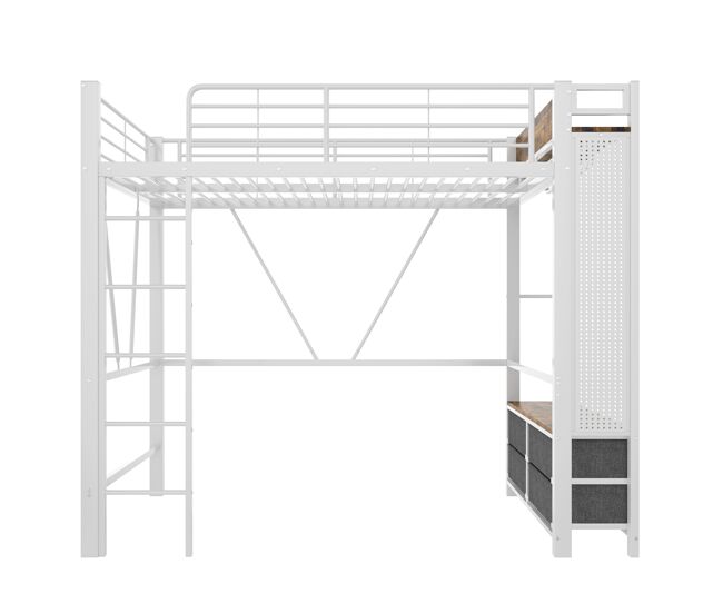 Cama alta 90x200 cm - estructura hierro, barra para secar, estantes, 4 cajones, usb+type-c, led, barandilla, escalera, tablero perforado - blanco