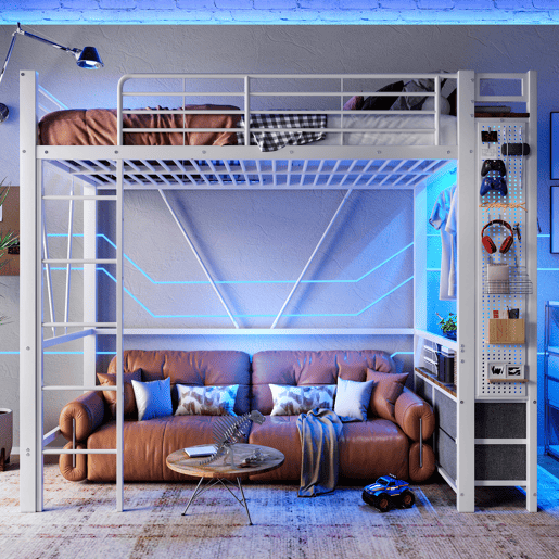 Cama alta 90x200 cm - estrutura em ferro, barra para secar roupa, prateleiras, 4 gavetas, USB+Type-C, LED, grade de proteção, escada, painel perfurado - branco