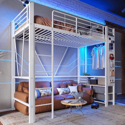 Cama alta 90x200 cm - estrutura em ferro, barra para secar roupa, prateleiras, 4 gavetas, USB+Type-C, LED, grade de proteção, escada, painel perfurado - branco