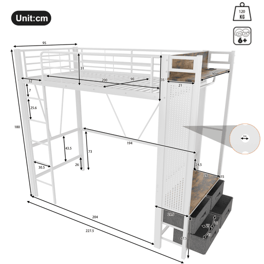 Cama alta 90x200 cm - estrutura em ferro, barra para secar roupa, prateleiras, 4 gavetas, USB+Type-C, LED, grade de proteção, escada, painel perfurado - branco