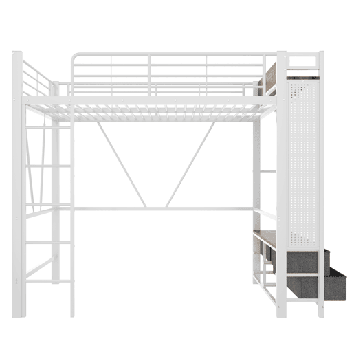 Cama alta 90x200 cm - estrutura em ferro, barra para secar roupa, prateleiras, 4 gavetas, USB+Type-C, LED, grade de proteção, escada, painel perfurado - branco