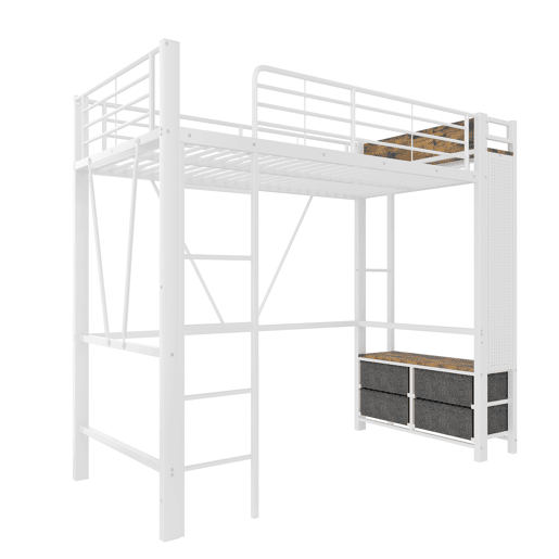 Cama alta 90x200 cm - estrutura em ferro, barra para secar roupa, prateleiras, 4 gavetas, USB+Type-C, LED, grade de proteção, escada, painel perfurado - branco