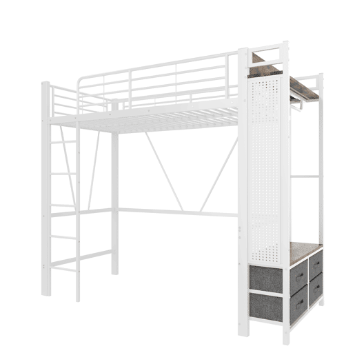 Cama alta 90x200 cm - estrutura em ferro, barra para secar roupa, prateleiras, 4 gavetas, USB+Type-C, LED, grade de proteção, escada, painel perfurado - branco