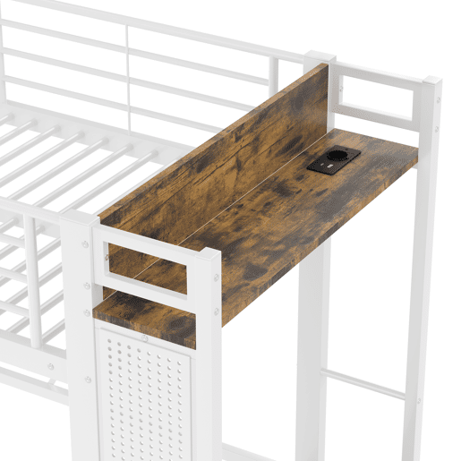 Cama alta 90x200 cm - estrutura em ferro, barra para secar roupa, prateleiras, 4 gavetas, USB+Type-C, LED, grade de proteção, escada, painel perfurado - branco