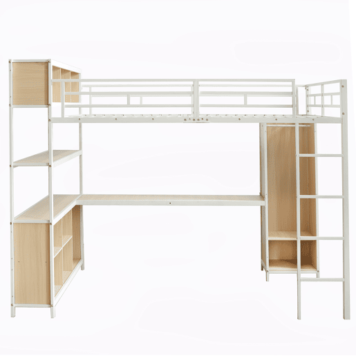 Cama loft 140x200 cm - Com arrumação debaixo da secretária e armário - Branco+Natural Cama loft 140x200 cm - Com arrumação debaixo da secretária e armário - Branco+Natural