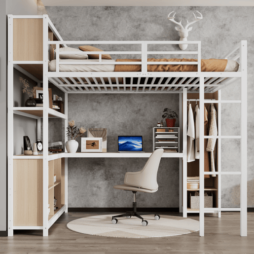 Cama loft 140x200 cm - Com arrumação debaixo da secretária e armário - Branco+Natural Cama loft 140x200 cm - Com arrumação debaixo da secretária e armário - Branco+Natural