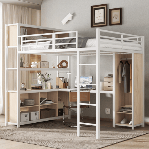 Cama loft 140x200 cm - Com arrumação debaixo da secretária e armário - Branco+Natural Cama loft 140x200 cm - Com arrumação debaixo da secretária e armário - Branco+Natural