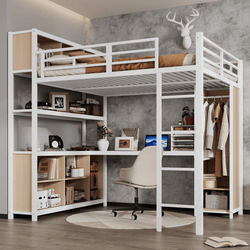 Cama loft 140x200 cm - Com arrumação debaixo da secretária e armário - Branco+Natural Cama loft 140x200 cm - Com arrumação debaixo da secretária e armário - Branco+Natural
