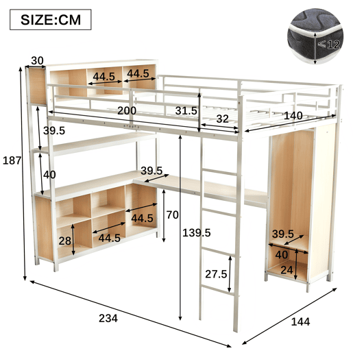 Cama loft 140x200 cm - Com arrumação debaixo da secretária e armário - Branco+Natural Cama loft 140x200 cm - Com arrumação debaixo da secretária e armário - Branco+Natural