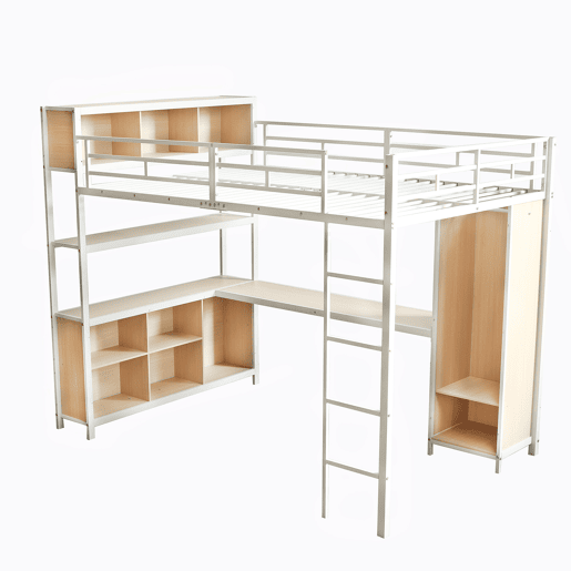 Cama loft 140x200 cm - Com arrumação debaixo da secretária e armário - Branco+Natural Cama loft 140x200 cm - Com arrumação debaixo da secretária e armário - Branco+Natural