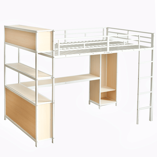 Cama loft 140x200 cm - Com arrumação debaixo da secretária e armário - Branco+Natural Cama loft 140x200 cm - Com arrumação debaixo da secretária e armário - Branco+Natural