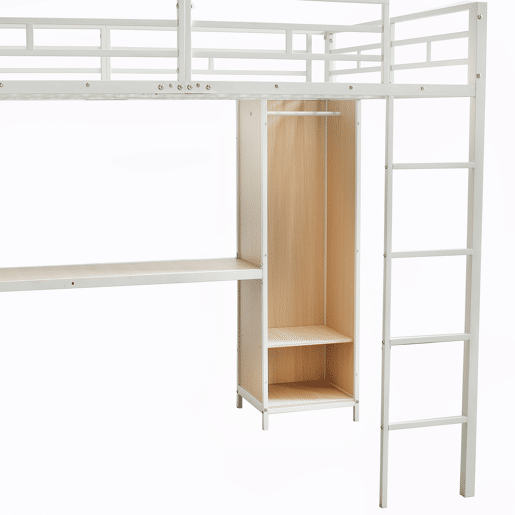 Cama loft 140x200 cm - Com arrumação debaixo da secretária e armário - Branco+Natural Cama loft 140x200 cm - Com arrumação debaixo da secretária e armário - Branco+Natural
