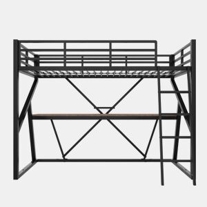 Cama alta 90x200cm - Estrutura em metal, com LED, secretária, escada, corrimão, sem colchão - Preto