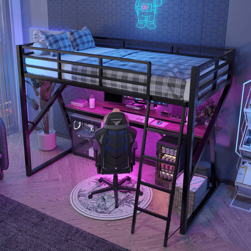 Cama alta 90x200cm - Estrutura em metal, com LED, secretária, escada, corrimão, sem colchão - Preto