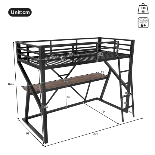 Cama alta 90x200cm - Estrutura em metal, com LED, secretária, escada, corrimão, sem colchão - Preto