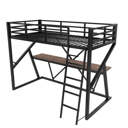 Cama alta 90x200cm - Estrutura em metal, com LED, secretária, escada, corrimão, sem colchão - Preto