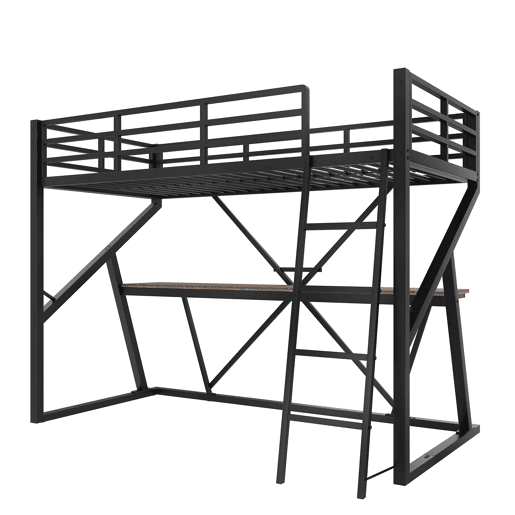 Cama alta 90x200cm - Estrutura em metal, com LED, secretária, escada, corrimão, sem colchão - Preto