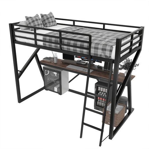 Cama alta 90x200cm - Estrutura em metal, com LED, secretária, escada, corrimão, sem colchão - Preto