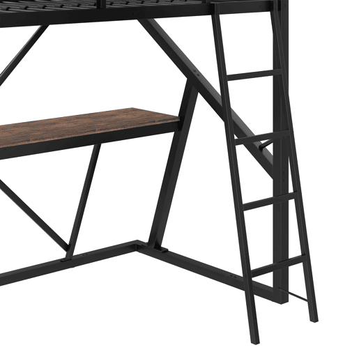 Cama alta 90x200cm - Estrutura em metal, com LED, secretária, escada, corrimão, sem colchão - Preto