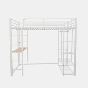 Cama mezzanine metálica 90x200 cm - com mesa e prateleiras - Branco