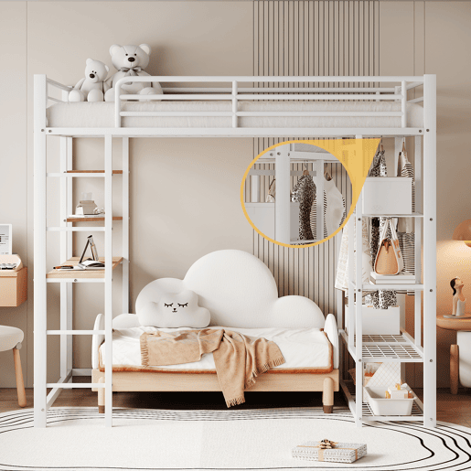 Cama mezzanine metálica 90x200 cm - com mesa e prateleiras - Branco Cama mezzanine metálica 90x200 cm - com mesa e prateleiras - Branco