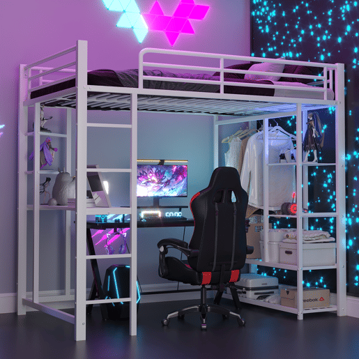 Cama mezzanine metálica 90x200 cm - com mesa e prateleiras - Branco Cama mezzanine metálica 90x200 cm - com mesa e prateleiras - Branco
