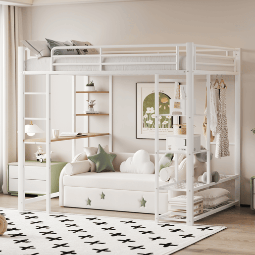 Cama mezzanine metálica 90x200 cm - com mesa e prateleiras - Branco Cama mezzanine metálica 90x200 cm - com mesa e prateleiras - Branco