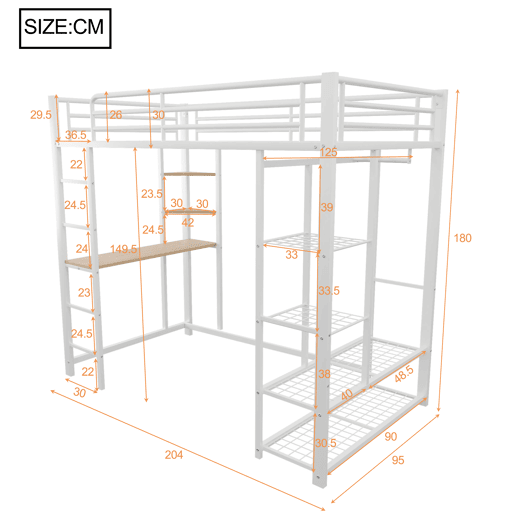 Cama mezzanine metálica 90x200 cm - com mesa e prateleiras - Branco Cama mezzanine metálica 90x200 cm - com mesa e prateleiras - Branco