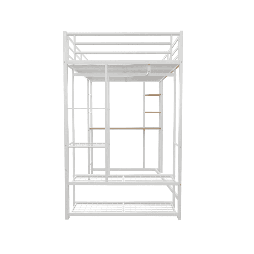 Cama mezzanine metálica 90x200 cm - com mesa e prateleiras - Branco Cama mezzanine metálica 90x200 cm - com mesa e prateleiras - Branco