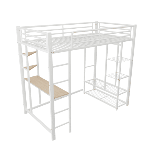 Cama mezzanine metálica 90x200 cm - com mesa e prateleiras - Branco Cama mezzanine metálica 90x200 cm - com mesa e prateleiras - Branco